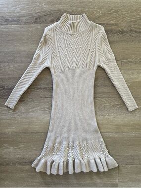 Pearl-Accent Cream Ribbed Knit Mock Neck Sweater Dress